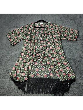 LulaRoe Monroe Kimono Womens S Small Cardigan Black Pink Fringe Multicolor y2K